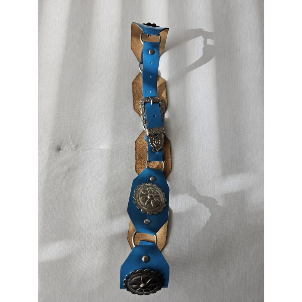 Vtg Blue Leather Octagon Concho Western Boho Hippie Silver Buckle Belt - Picture 7 of 11